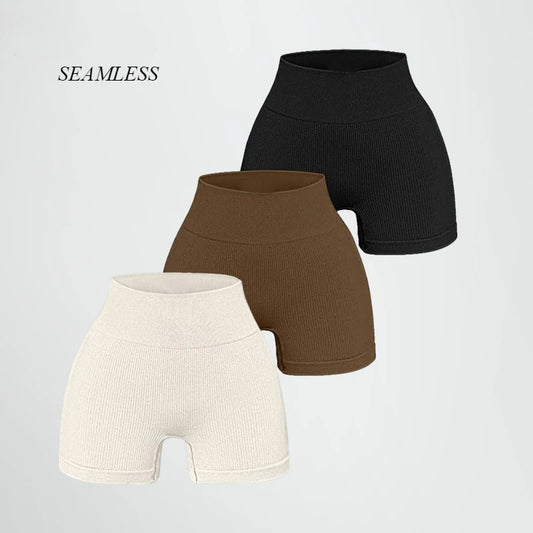 Pantalones cortos de punto acanalados para mujer, shorts de yoga sin costuras, shorts elásticos de cintura alta, shorts sexys para realzar la cadera, pantalones de tres cuartos para ciclismo y running.
