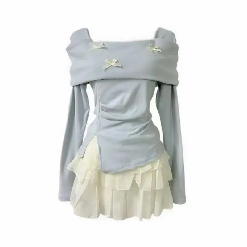 Conjunto de top de manga larga con lazo y falda de talle alto con vuelo