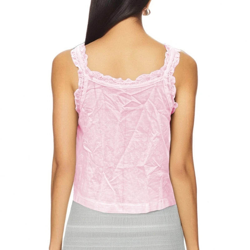 Bonitos tops cortos para salir, chaleco bohemio para mujer, top sin mangas con ribete de encaje y volantes Y2k, camisola de cuello redondo transparente con botones delanteros estilo hada sexy.
