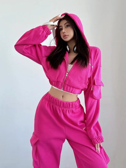 Short Zipper Sweatshirt Large Pocket Wide Leg Pants Set