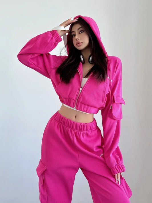 Short Zipper Sweatshirt Large Pocket Wide Leg Pants Set