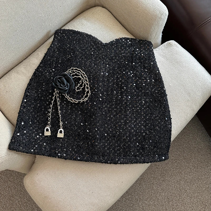 High Waist Wrapped Hip Short Sequins Skirt