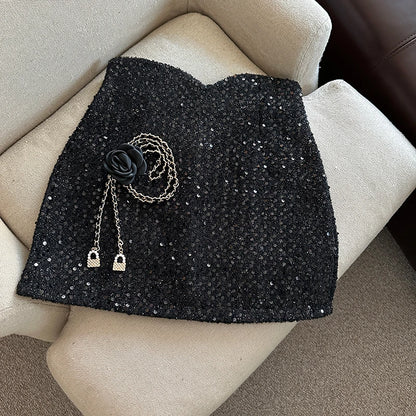 High Waist Wrapped Hip Short Sequins Skirt