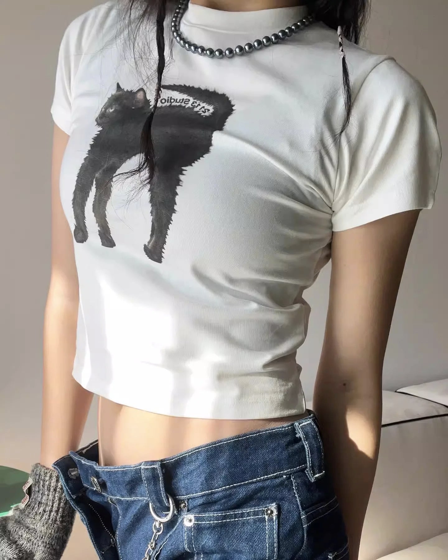 [REコンテナ]Camiseta coreana de moda Y2k Crop Top con lindos estampados de gatos, camiseta Kawaii de manga corta para mujer, camisetas ajustadas