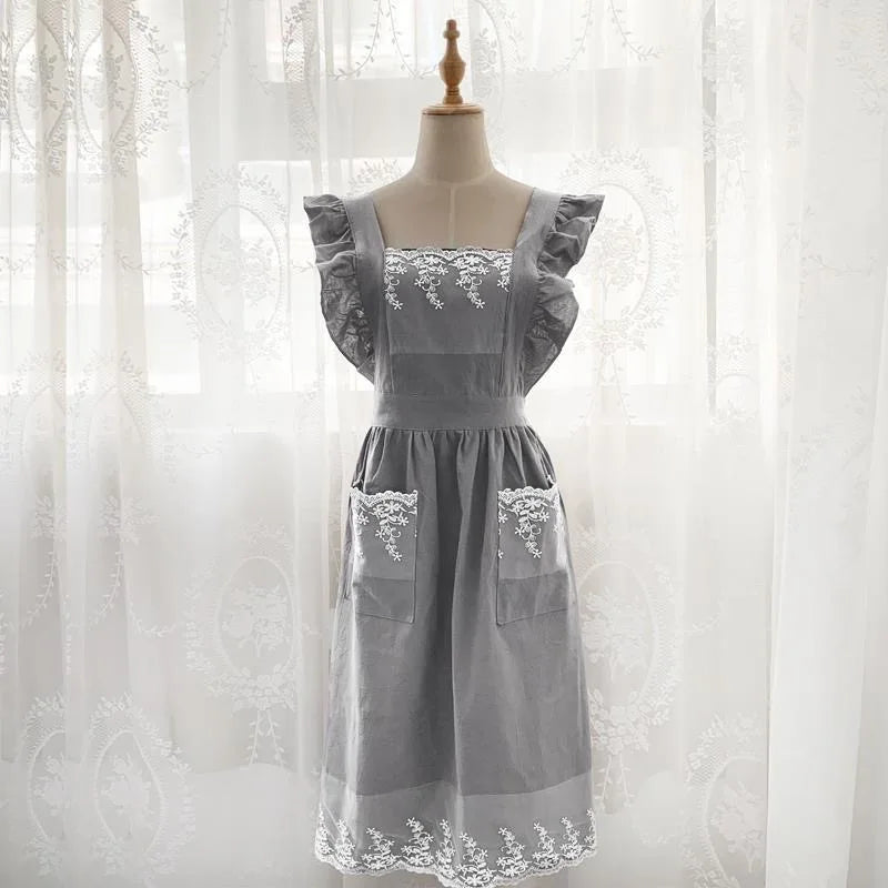 Washed Cotton Linen Lace Kitchen Apron
