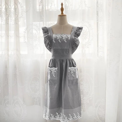 Washed Cotton Linen Lace Kitchen Apron