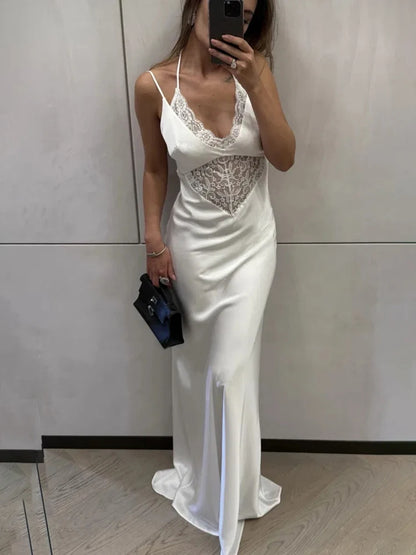 Lace Sleeveless Hollow Out Backless High-Waisted Patchwork Dress