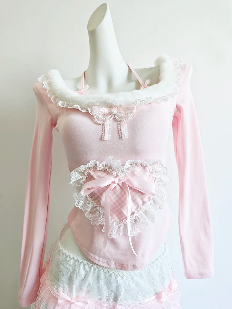 Halter Neck Long Sleeve Top with Lace Heart Patch & Bows
