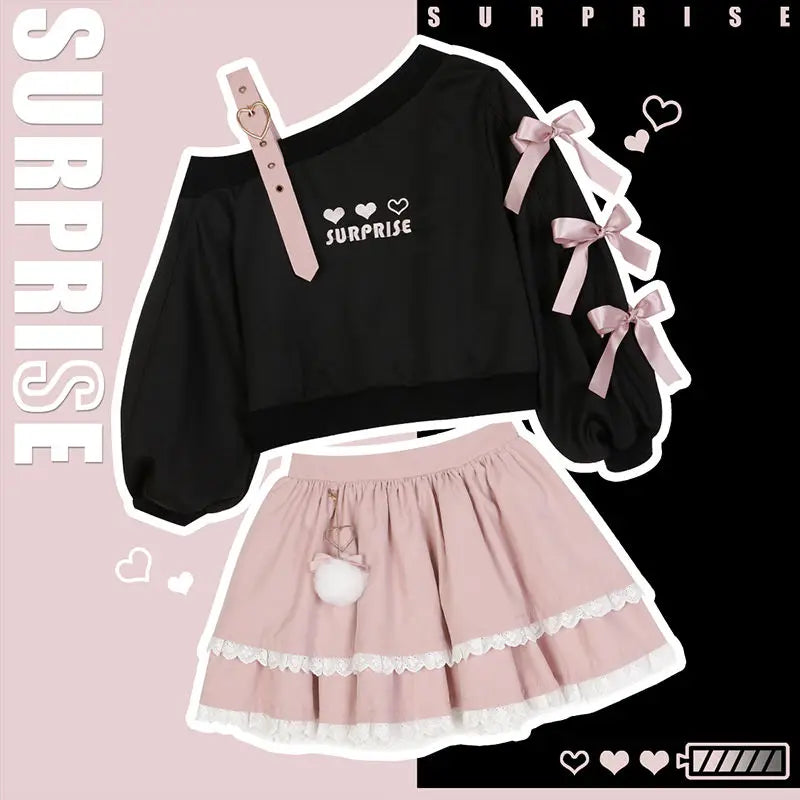 Conjunto de top con lazo bordado, cuello oblicuo, contraste de cuero y tirantes + Falda de pastel con encaje empalmado