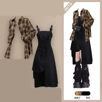Conjunto de dos piezas de camisa a cuadros y vestido sexy irregular a juego, moda de verano/otoño, elegante cárdigan de estilo coreano con falda a rayas para mujer