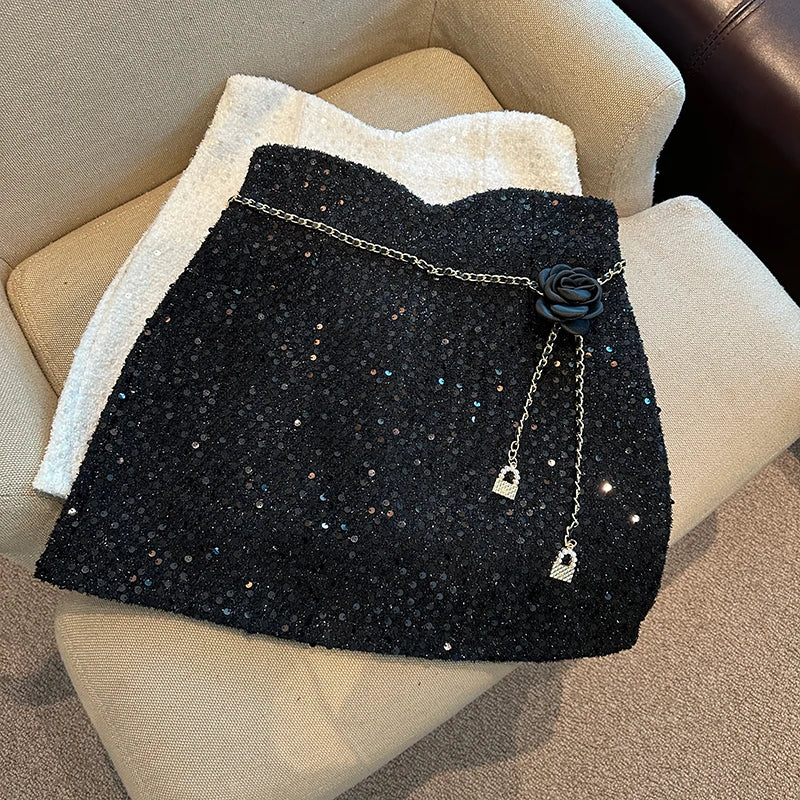 High Waist Wrapped Hip Short Sequins Skirt