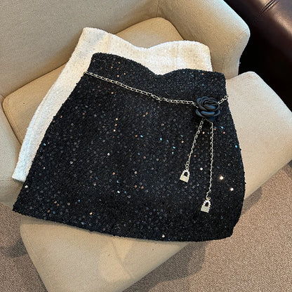 High Waist Wrapped Hip Short Sequins Skirt