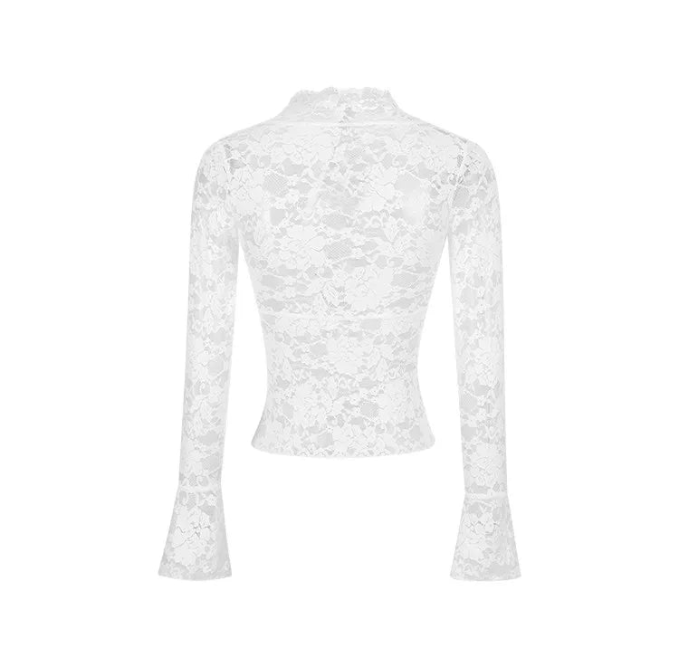 Top Blanco de Encaje de Manga Larga con Escote Pronunciado en V y Mangas Acampanadas, Blusa Corta Transparente de Encaje para Mujer, Elegante Estilo Francés, Primavera Verano 2026