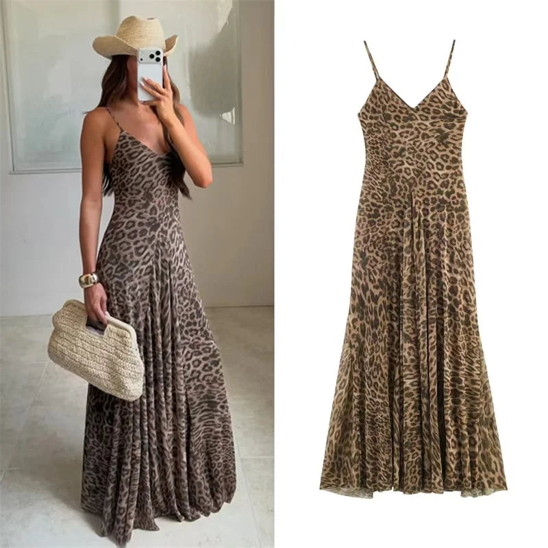 Leopard Print Spaghetti Strap A-Line Midi Dress