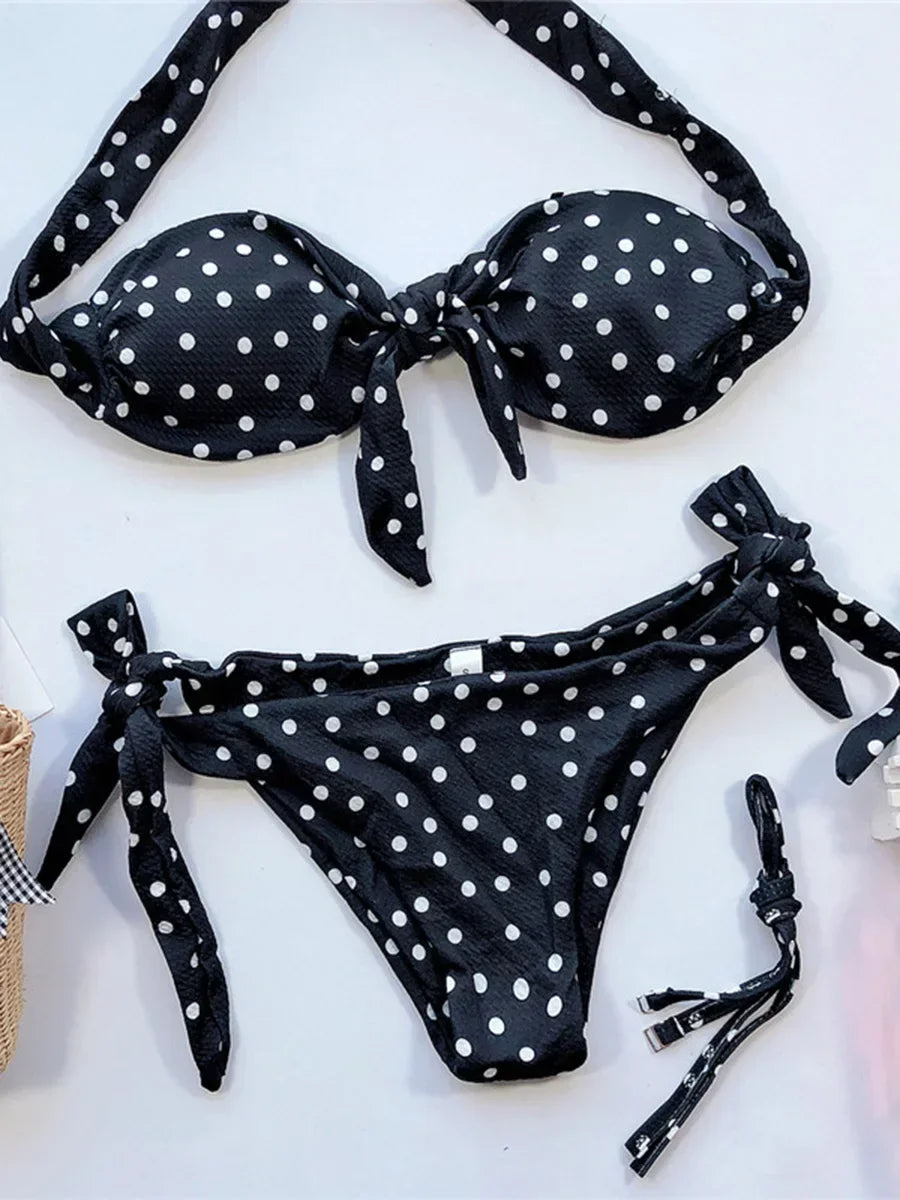 Ribbed Knotted Polka Dot Bikini