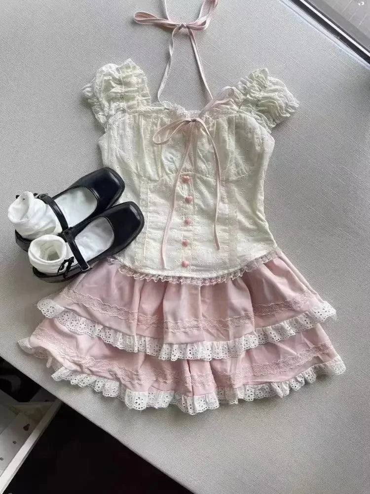 Conjunto de Cárdigan Tejido con Lazo y Minifalda Escocesa con Volantes