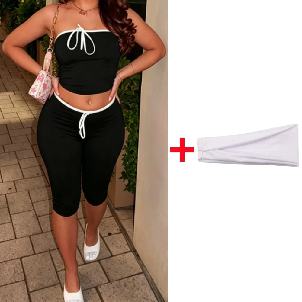 Conjunto de dos piezas de shorts con cordones y retazos