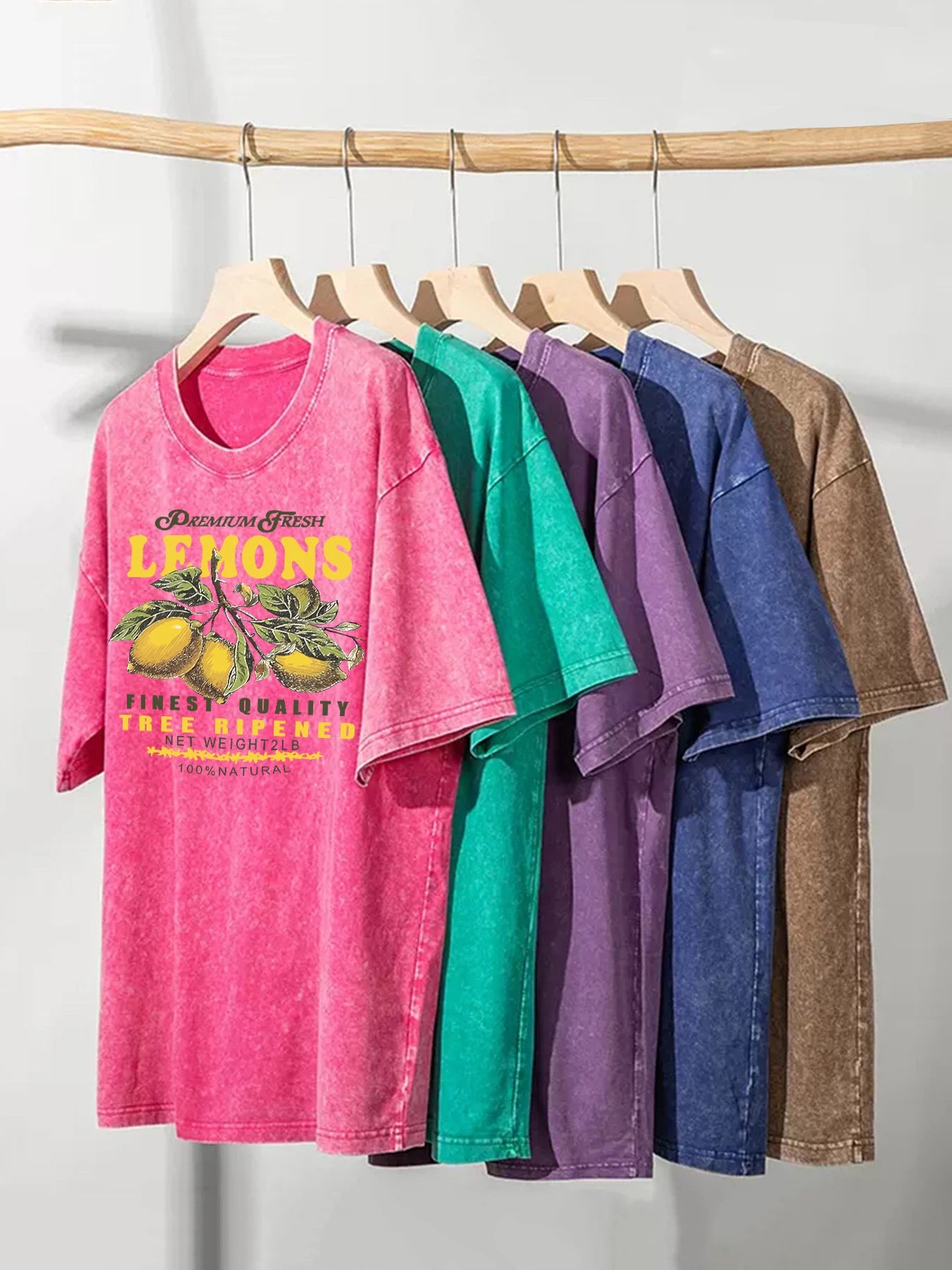 Camisetas lavadas de talla grande con estampado de limones frescos de primera calidad para mujer, camiseta holgada de manga corta cómoda Y2K de algodón que combina con todo