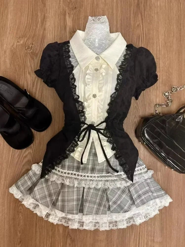 Conjunto de Cárdigan Tejido con Lazo y Minifalda Escocesa con Volantes