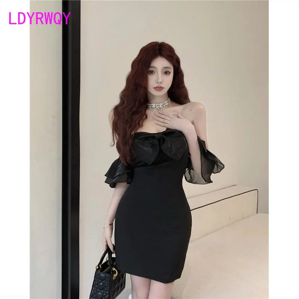 off-shoulder, puffy gauze, bow tie dress