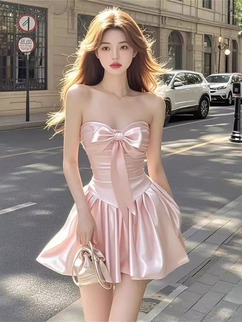 Satin Bow High Waist A-line Mini Strapless Dress