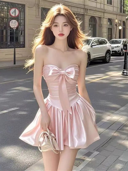 Satin Bow High Waist A-line Mini Strapless Dress