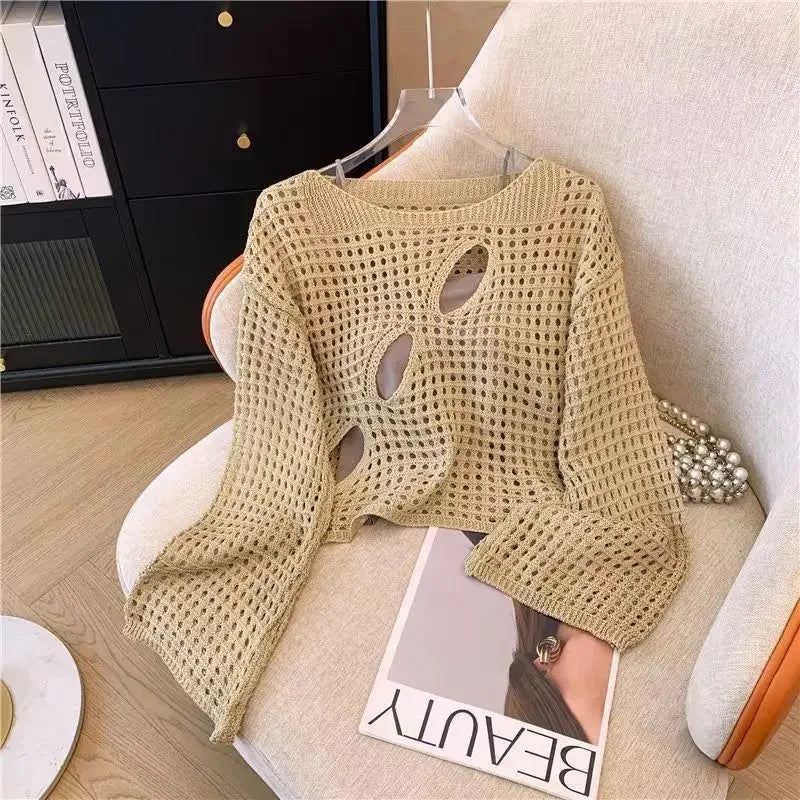 Conjunto de Top de Manga Larga Calado + Falda Vaquera de Tirantes