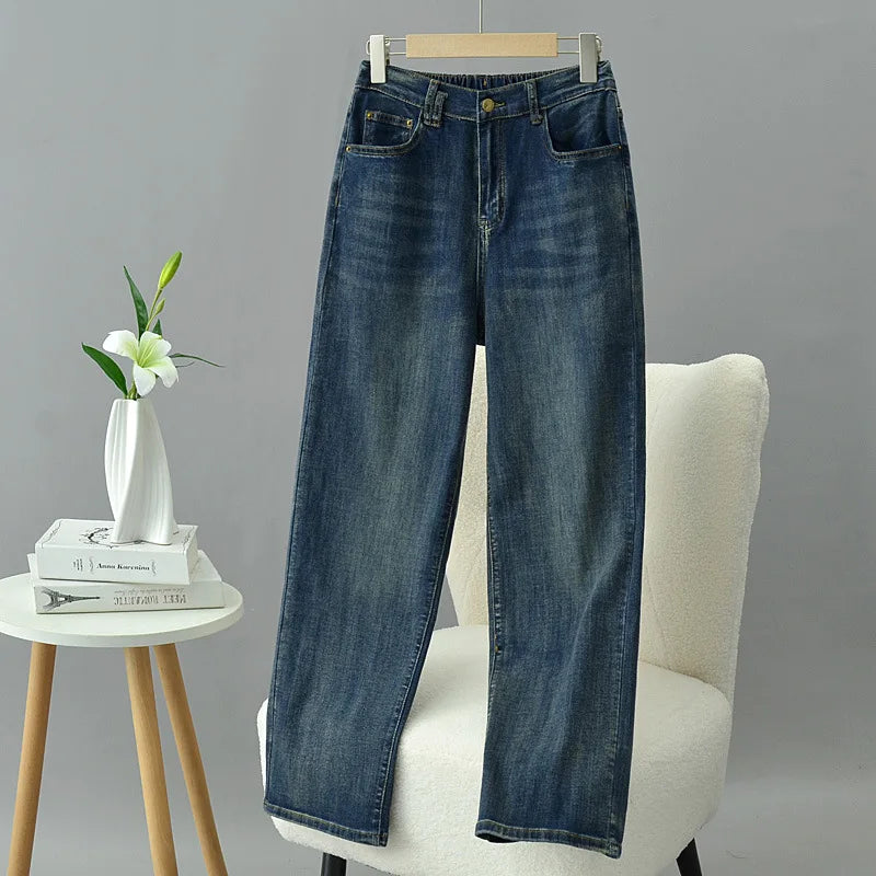 Pantalones vaqueros rectos de cintura alta para mujer, holgados, elásticos, de mezclilla, casuales, de pierna ancha, talla grande, primavera otoño