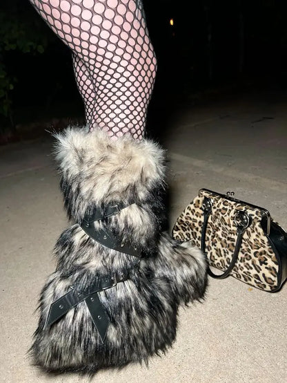 Fur Strappy Knee High Boots