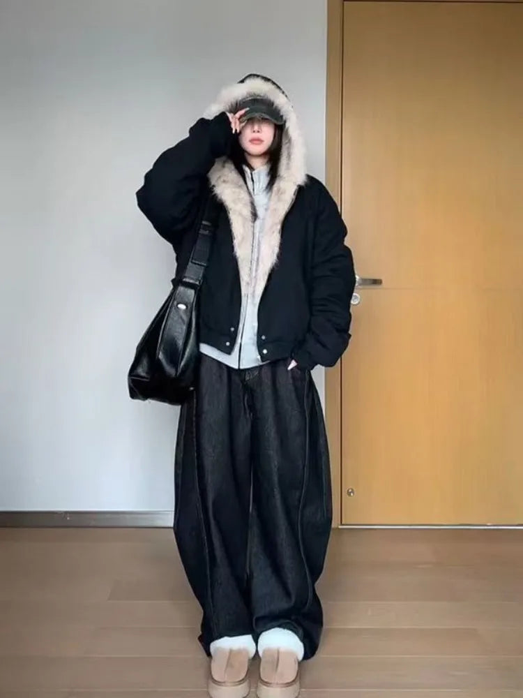 Abrigo Otoño Nuevo Elegante Forro de Piel Holgado Mujer Y2k Cuello de Piel con Capucha Parkas Gruesas de Moda Abrigo Casual Chaquetas Acolchadas de Algodón