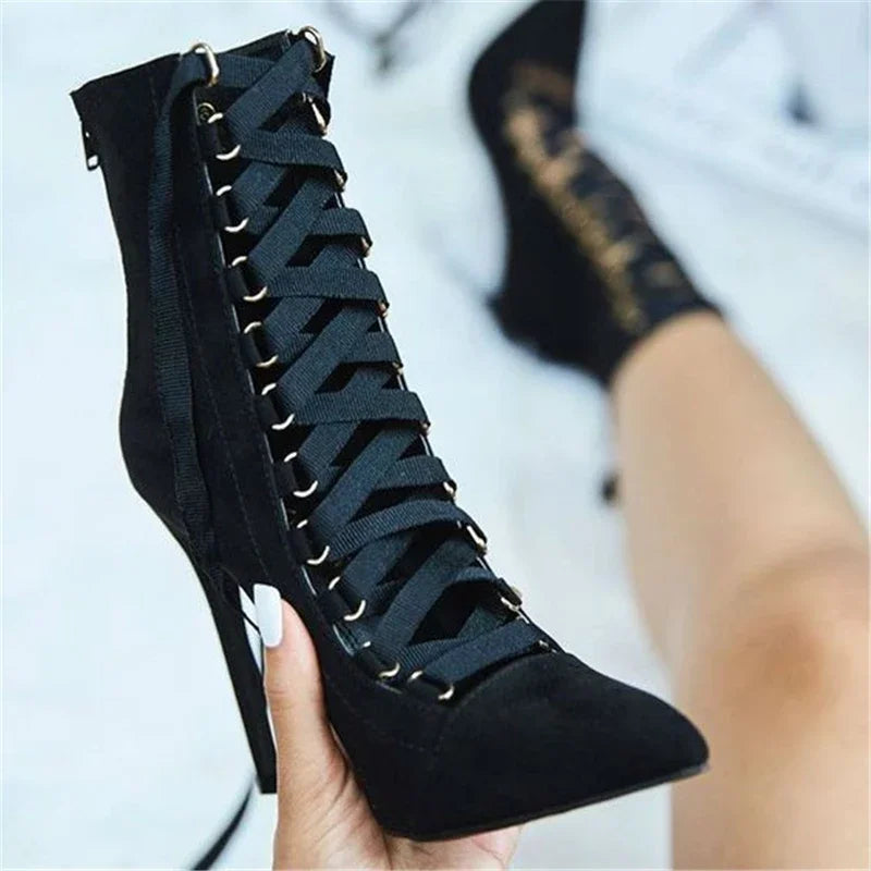 Flock Lace Up Thin High Heels