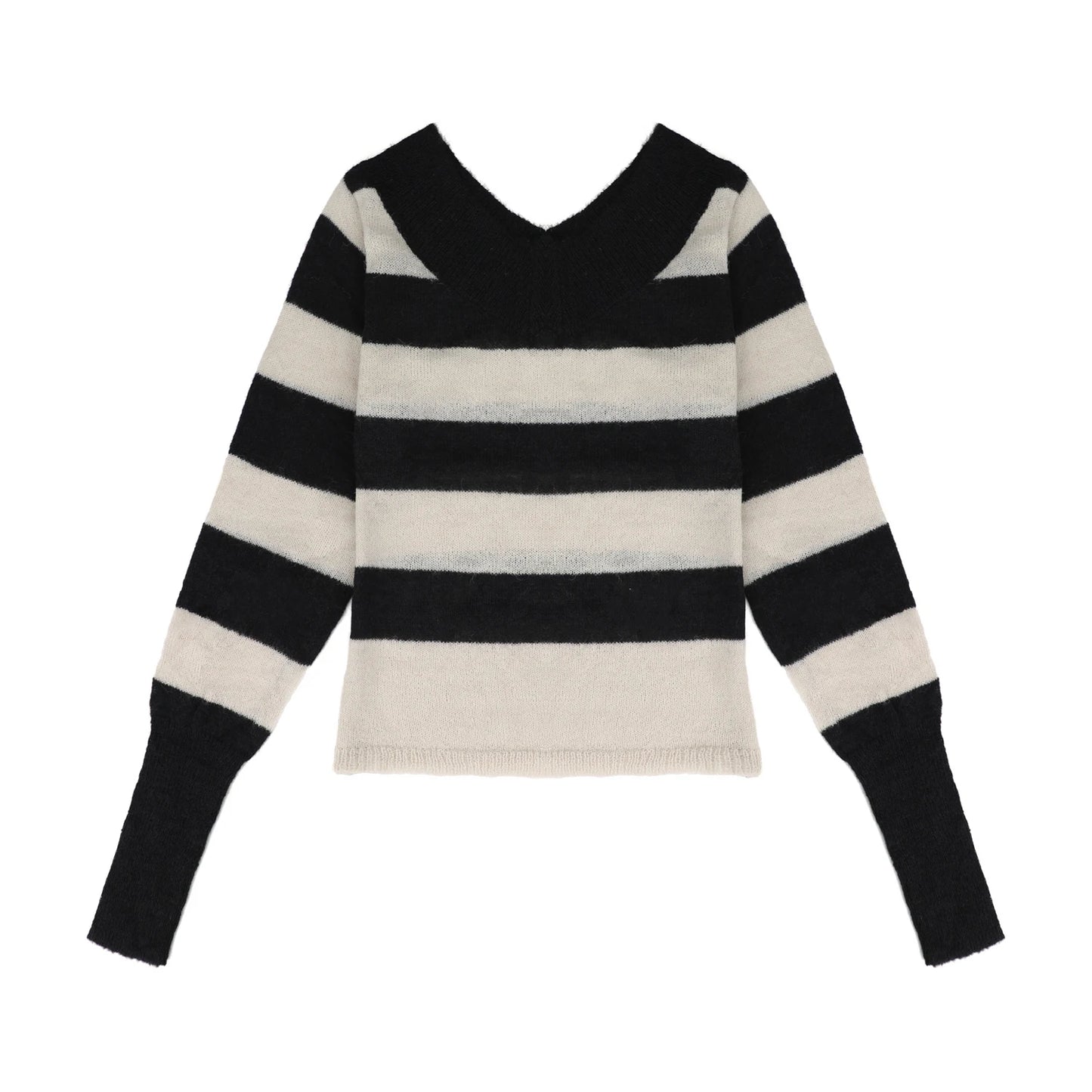 V-neck off-the-shoulder embroidery pattern long sleeves Striped Knit sweater