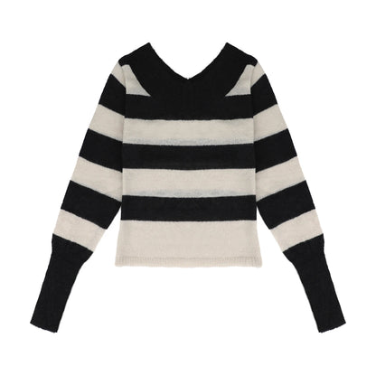 V-neck off-the-shoulder embroidery pattern long sleeves Striped Knit sweater
