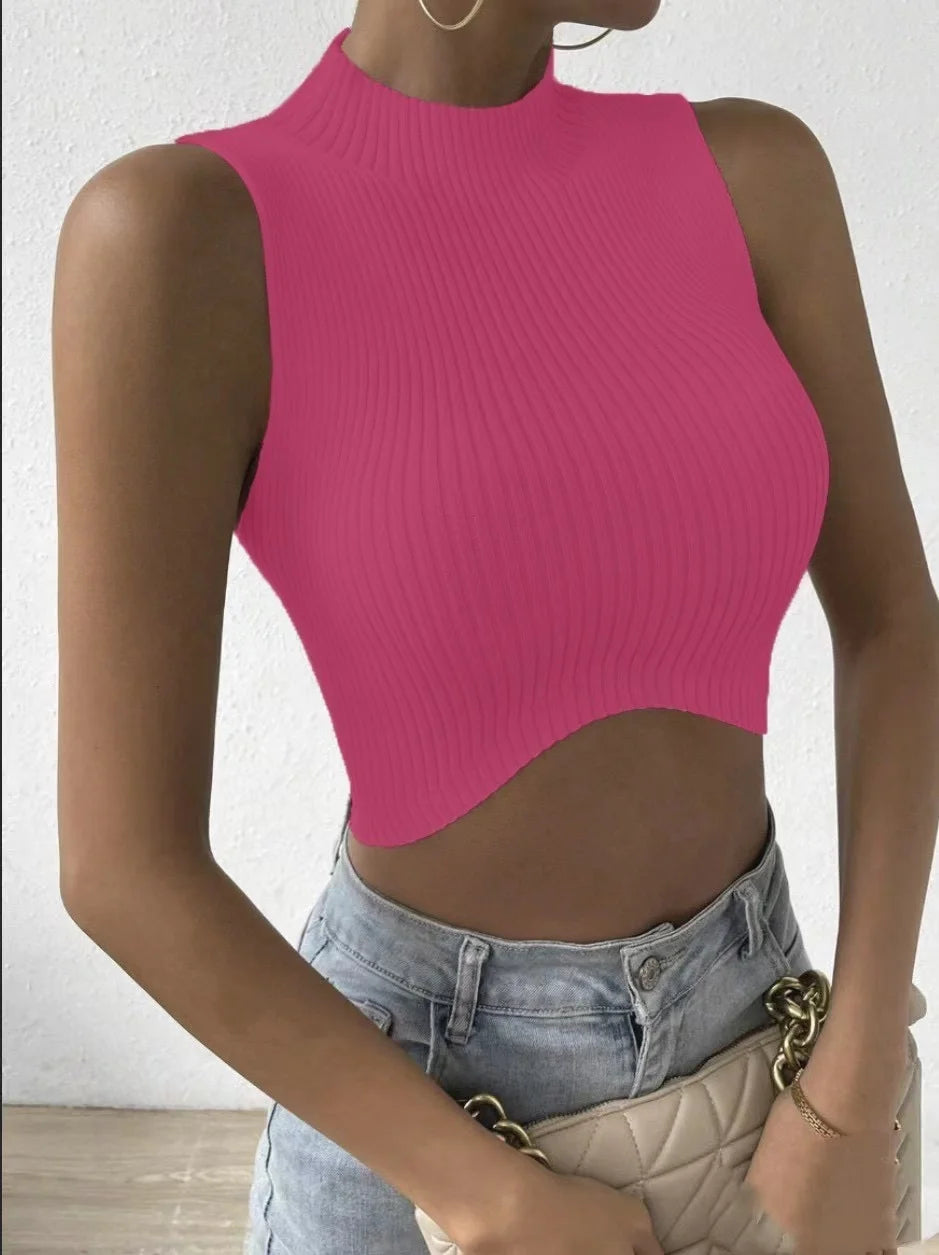 Top de punto acanalado sin mangas con cuello simulado