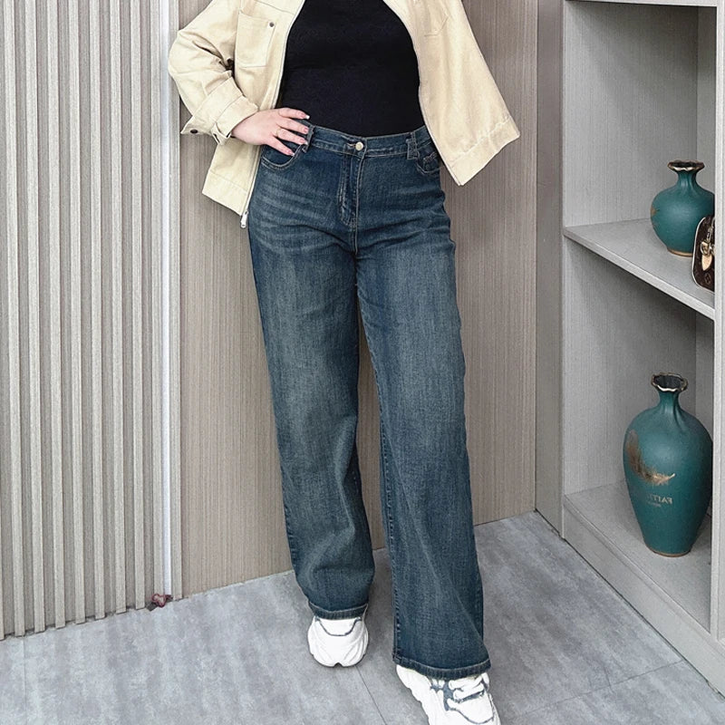 Pantalones vaqueros rectos de cintura alta para mujer, holgados, elásticos, de mezclilla, casuales, de pierna ancha, talla grande, primavera otoño