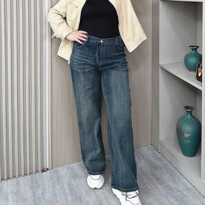 Pantalones vaqueros rectos de cintura alta para mujer, holgados, elásticos, de mezclilla, casuales, de pierna ancha, talla grande, primavera otoño