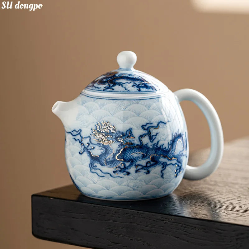 Metal Inlay Blue and White Dragon Teapot