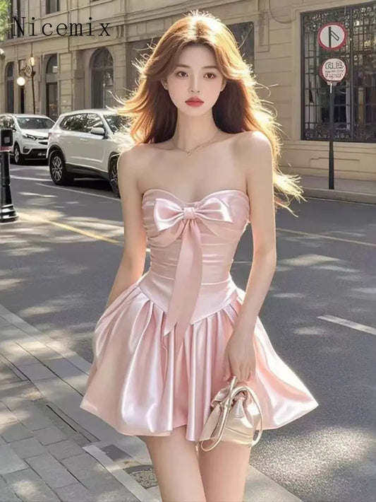 Satin Bow High Waist A-line Mini Strapless Dress