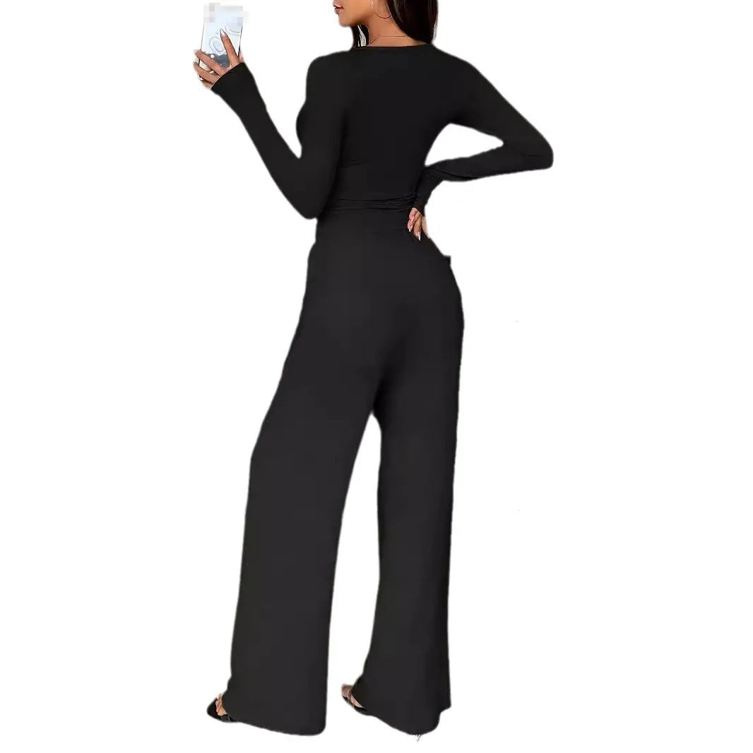 Traje informal de dos piezas para mujer: top de manga larga con botones de color liso y pantalones de pierna ancha con bolsillos y cordón, para primavera/verano.