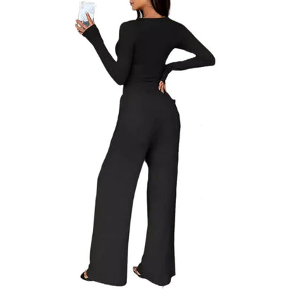 Traje informal de dos piezas para mujer: top de manga larga con botones de color liso y pantalones de pierna ancha con bolsillos y cordón, para primavera/verano.