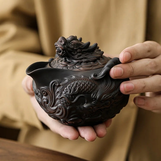 Jianshui Clay Purple Pottery Carving Dragon Teapot