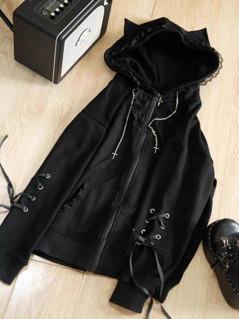Sudadera con capucha japonesa Y2K Harajuku estilo "spicy girls" estilo oscuro para mujer con cordones en otoño y tops estilo emo