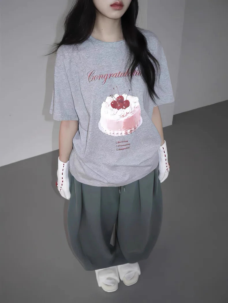 Cherry Cream Cake Print Casual short-sleeved T-shirt