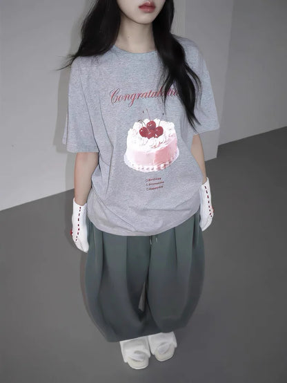 Cherry Cream Cake Print Casual short-sleeved T-shirt