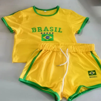 Short Sleeve T-Shirt + Drawstring Shorts Brazil Letter Print Set