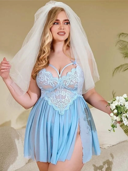 Lencería Babydoll de Tallas Grandes de Encaje para Mujer - Camisón de Malla Transparente con Abertura Lateral y Decoración de Lazo, Vestido de Dormir Sexy