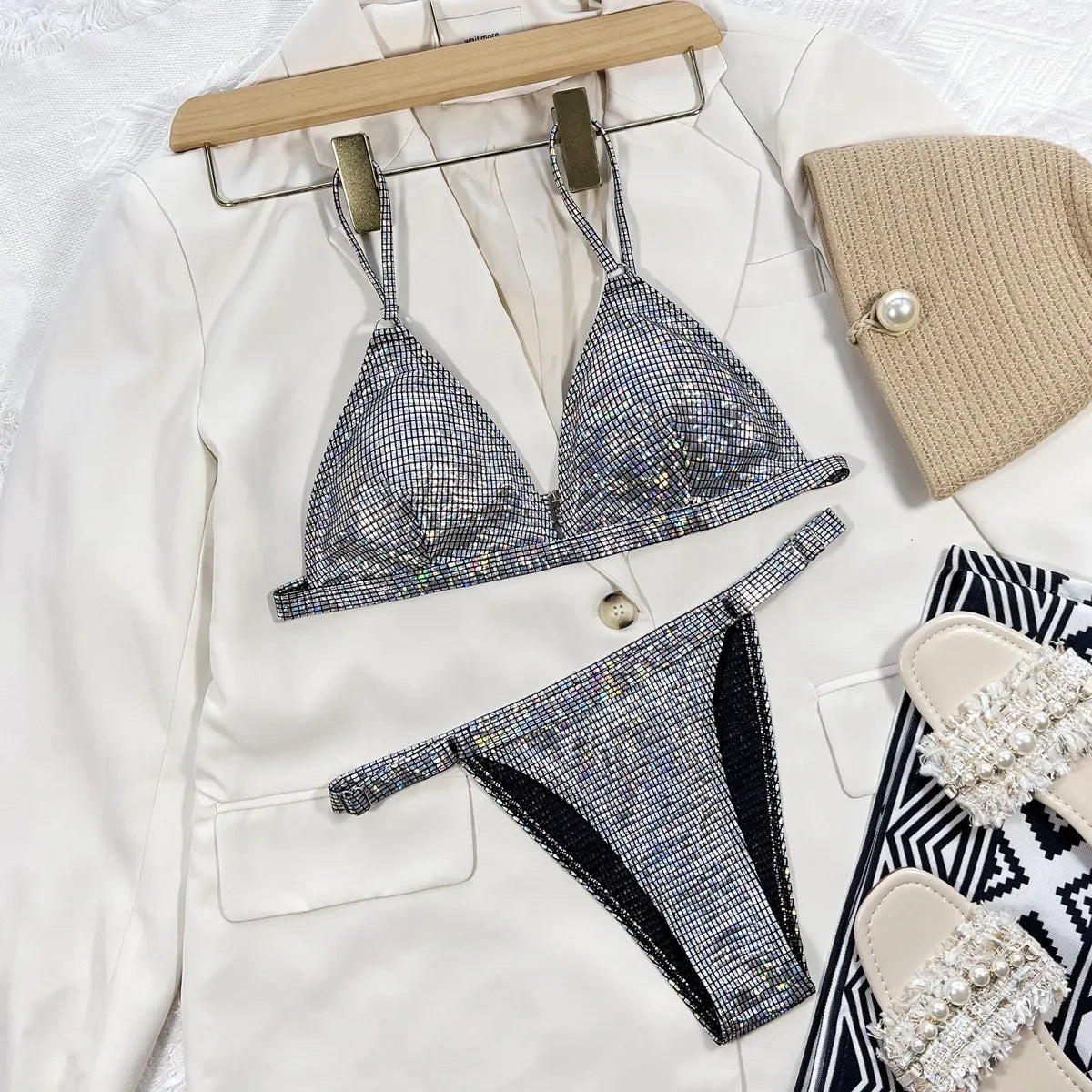 Traje de baño de lentejuelas para mujer 2026 de verano, sexy, sin espalda, push up, tanga, micro bikini de cintura baja, trajes de baño de playa.