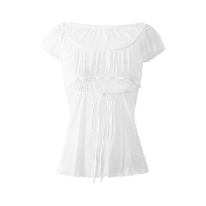 Lace Trim Cap Sleeve Low Cut Shirt