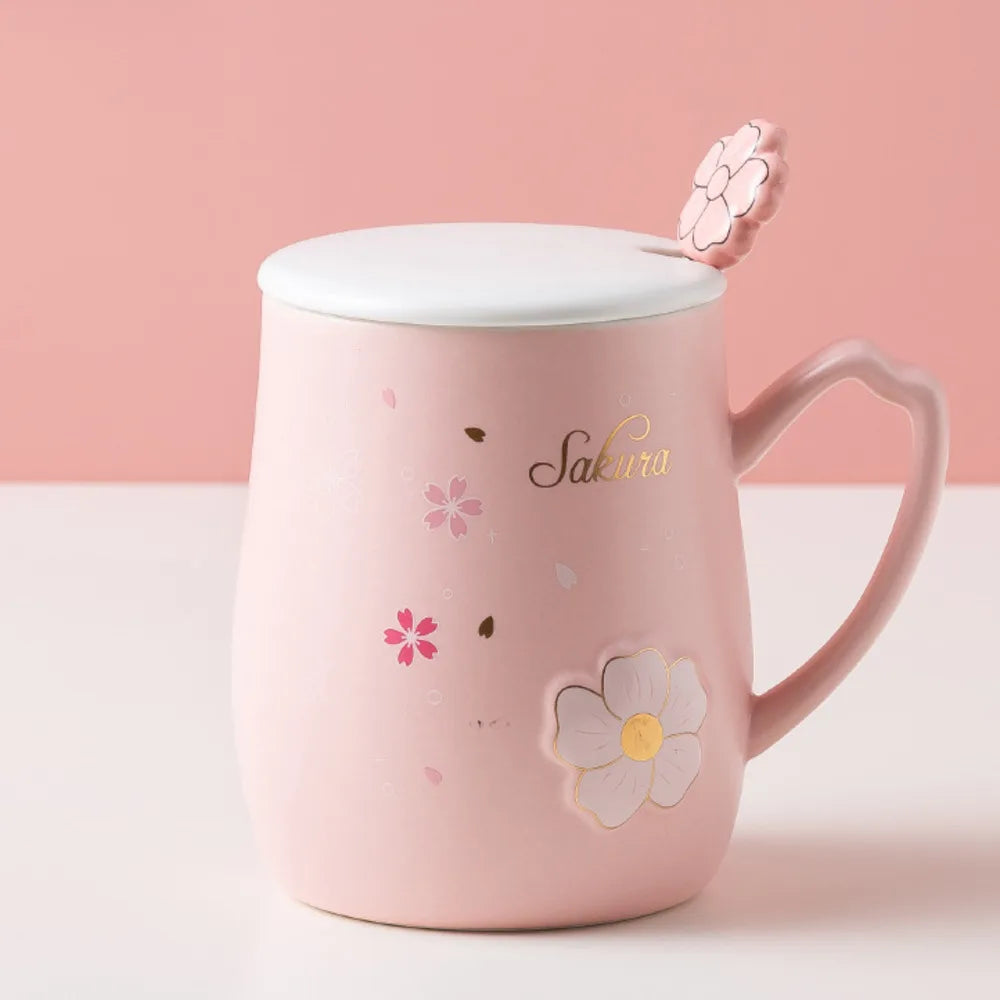 Cherry Blossom Ceramic Mug With Lid & Spoon