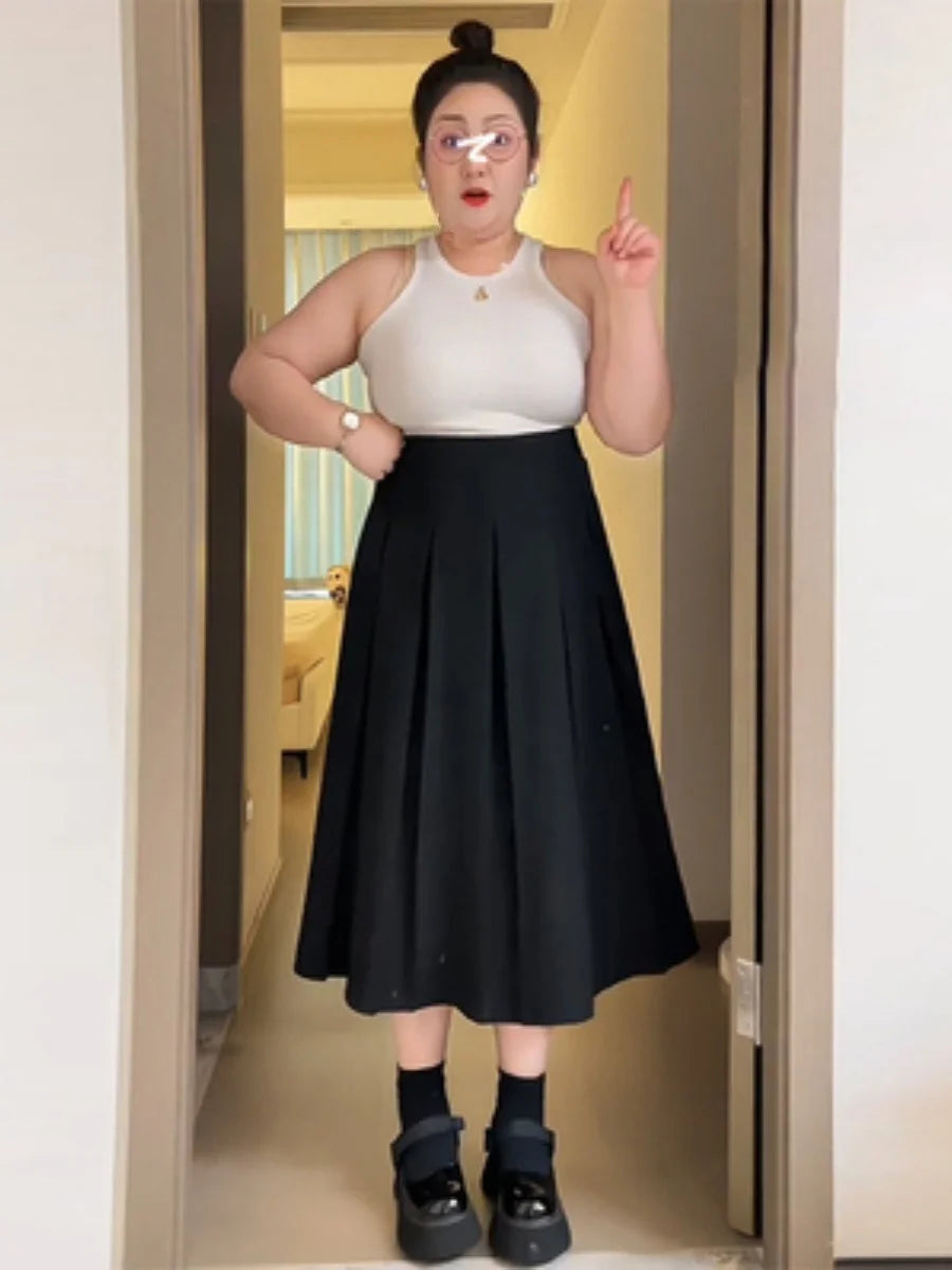 Midi Skirt A-Line Pleated High Waist